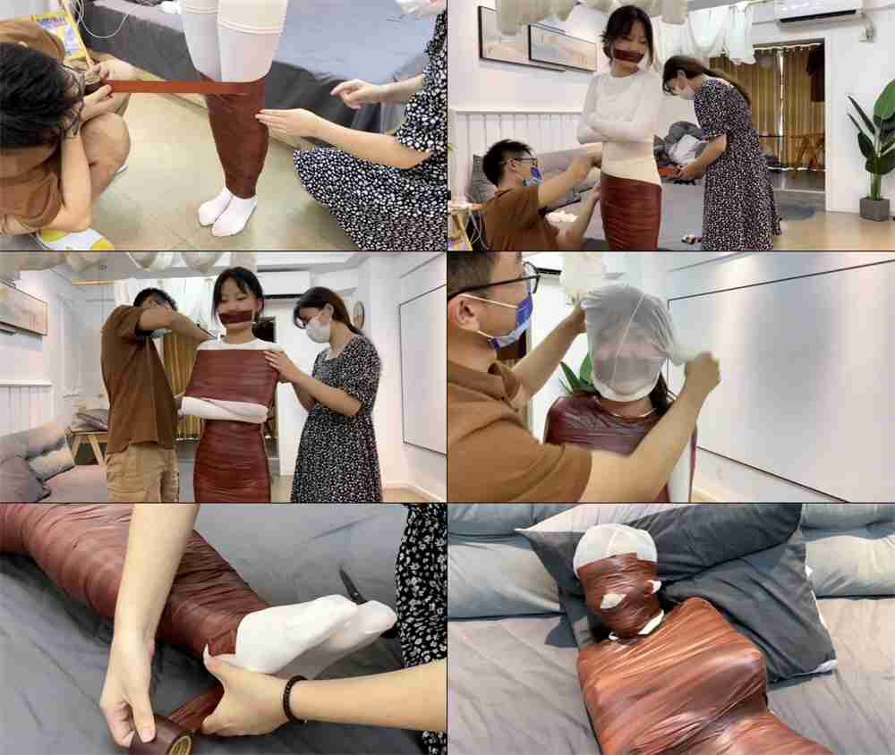 【缚艺录】小雅 白色全身丝袜，与棕色胶带的全包[夸克]-缚绑绳艺