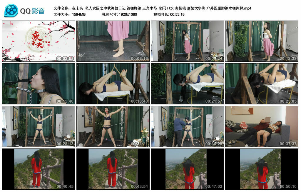 【夜未央】私人女囚之中秋调教日记 钢枷脚镣 三角木马 驷马口水 贞操锁 刑架大字绑 户外囚服脚镣木枷押解-缚绑绳艺